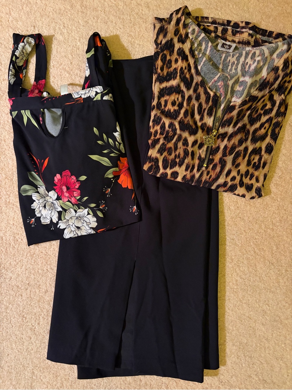 3-piece/Floral Black Top, Black Lined Skirt & Leopard Zip-Front Top